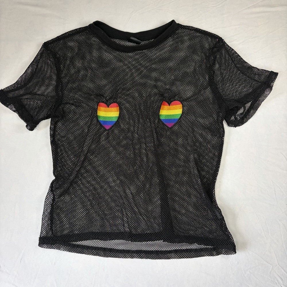 Spencer's‎ Black Mesh Pride Shirt With Rainbow Hearts- Sheer- Womens Size Medium